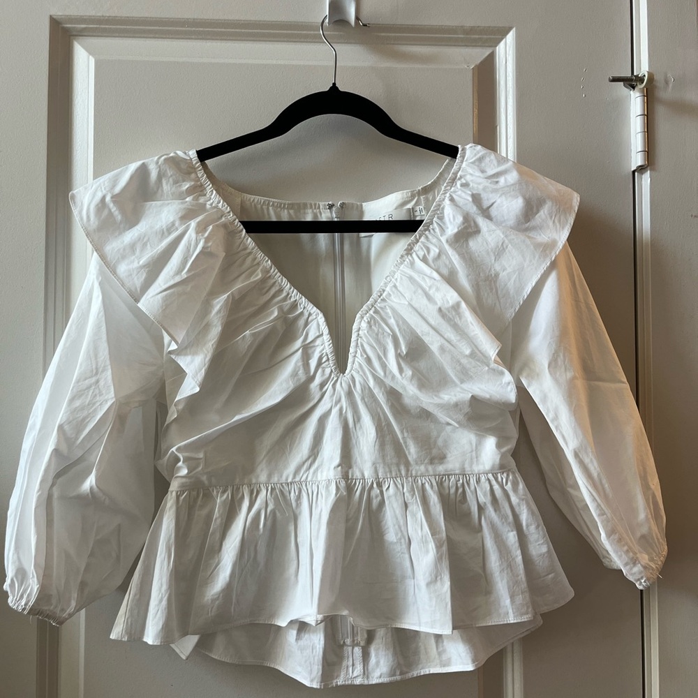 Astr White Puff Sleeve Peplum Blouse